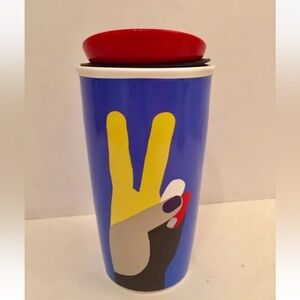 2017 Starbucks Peace Sign Ceramic Mug with Lid,12 oz Tumbler Blue w/Multi-color
